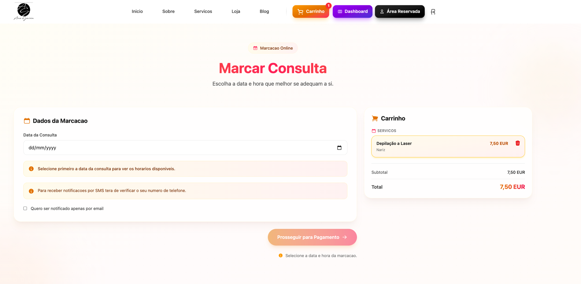 Página de marcação online do Agenda Cheia